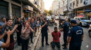 imagem realista e cinematográfica, formato vertical 9:16, mostrando uma cena de prisão urbana
